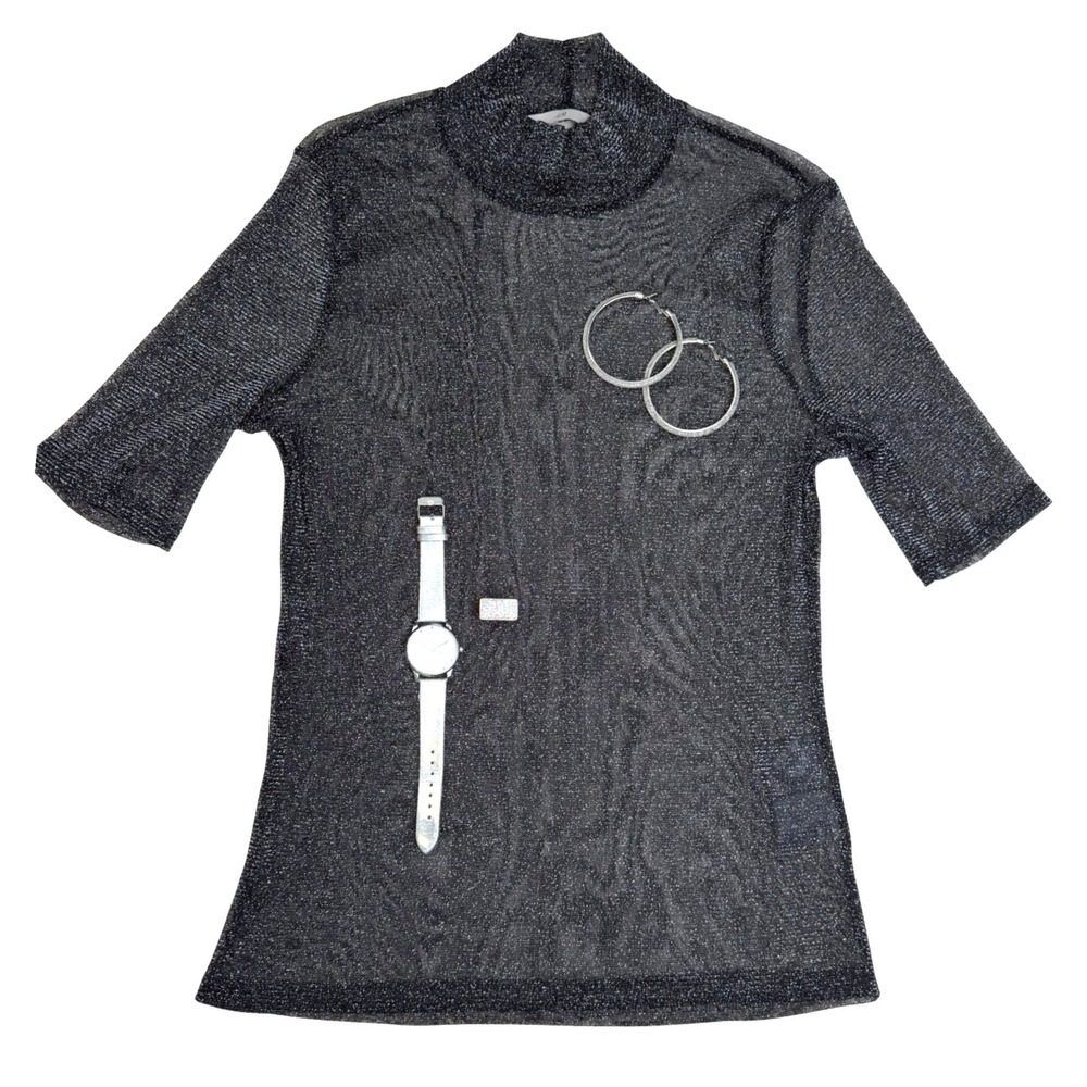 H&M Mock Neck Short Sleeve Metallic Glitter Mesh Sheer Top Black Accessories L